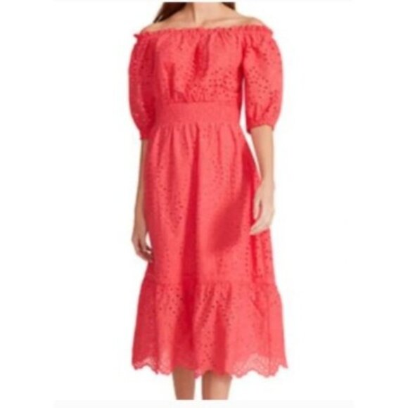 Betsey Johnson Dresses & Skirts - Betsey Johnson dress melon pink y2k Eyelet puff sleeve cottage core size large